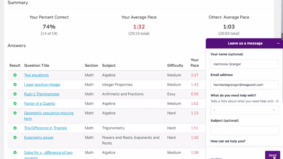 Magoosh - student dashboard - help desk