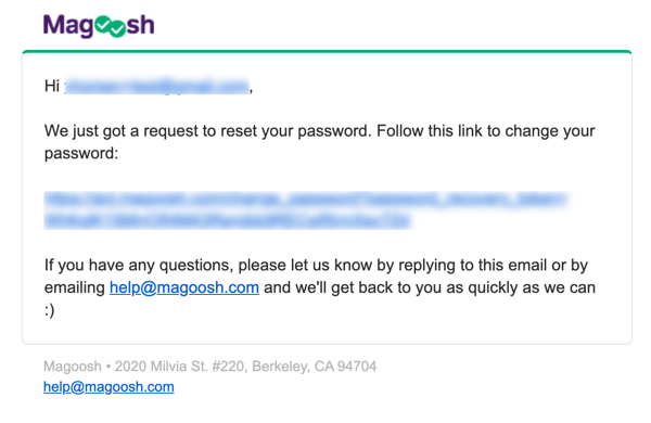 password reset email