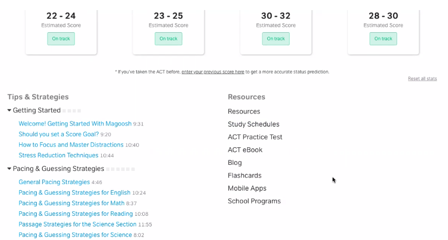 magoosh - student dashboard - resources
